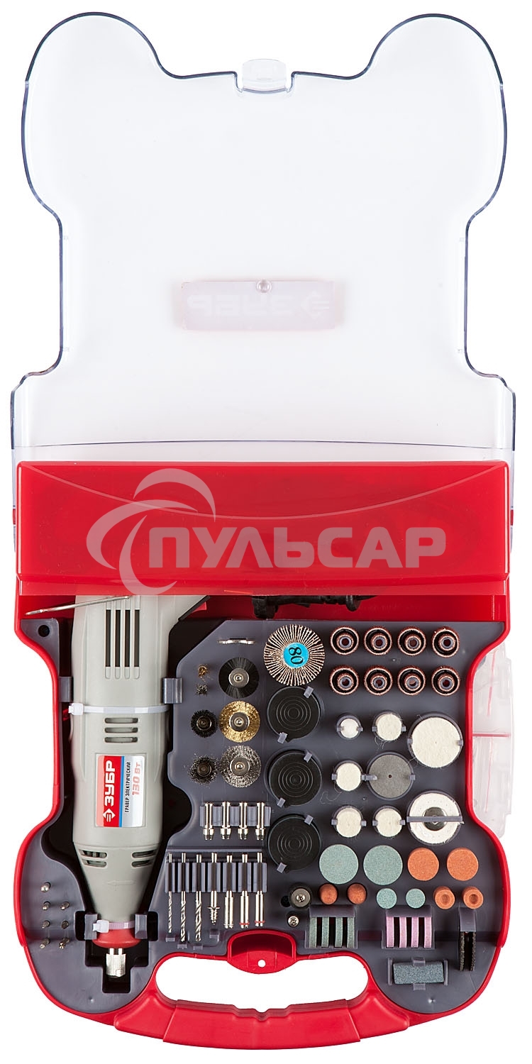 Шлифовальная машина ЗУБР Гравер ЗГ-130ЭК H172 электрический с набором мини-насадок в кейсе, 172 предмета