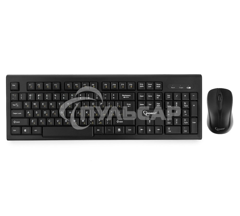 Комплект клавиатура+мышь беспроводные Gembird KBS-8002, 2.4ГГц, черный, 104 клавиши+2 кнопки+колесо кнопка, 1000DPI, батарейки в комплекте