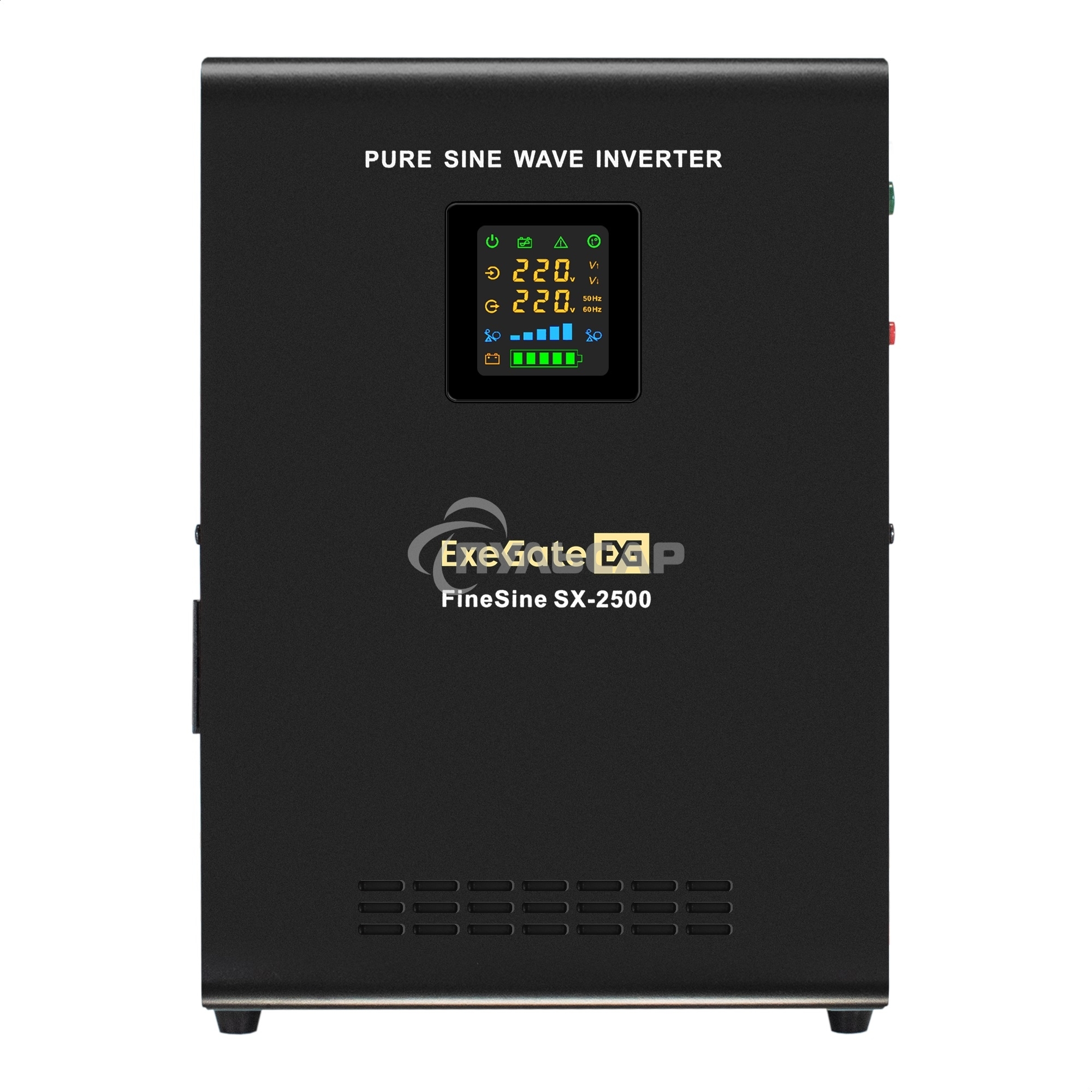 Источник бесперебойного питания (инвертор, синус, для котла, настенный) ExeGate FineSine SX-2500.LCD.AVR.2SH 2500VA/1800W, чистая синусоида, цветной LCD-дисплей, AVR, 2*Schuko, линейно-интерактивный, внешняя батарея 24В до 200А·ч (поставляется отдельно), 