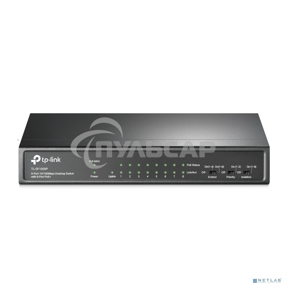 Коммутатор 9-port 10/100Mbps unmanaged switch with 8 PoE+ ports, compliant with 802.3af/at PoE, 65W PoE budget, support 250m Extend Mode, Priority mode and Isolation mode, desktop mount, plug and play.