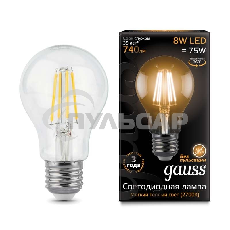 Лампа светодиодная Gauss Filament A60 E27 8Вт 2700К