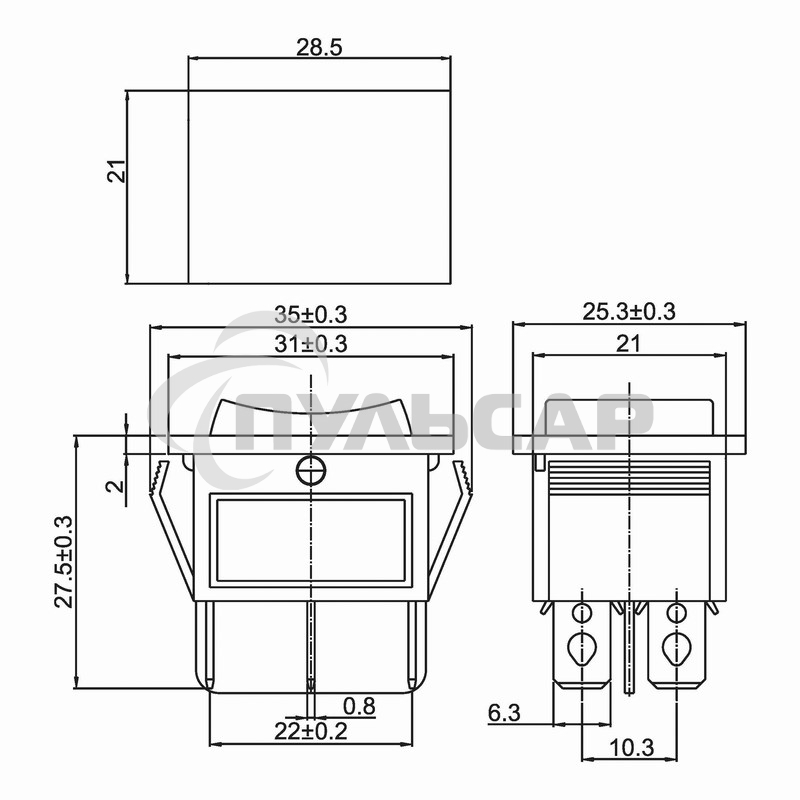 Выключатель клавишный Rexant 250V 15А (6с) ON-OFF-ON синий с подсветкой и нейтралью