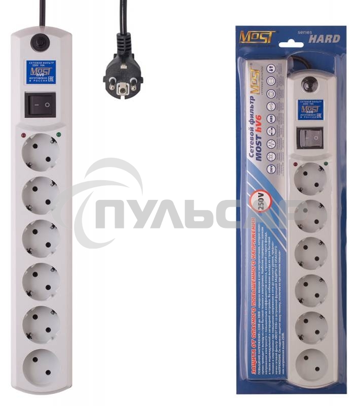 Сетевой фильтр Most HV6 2м (6 розеток) белый (коробка)
