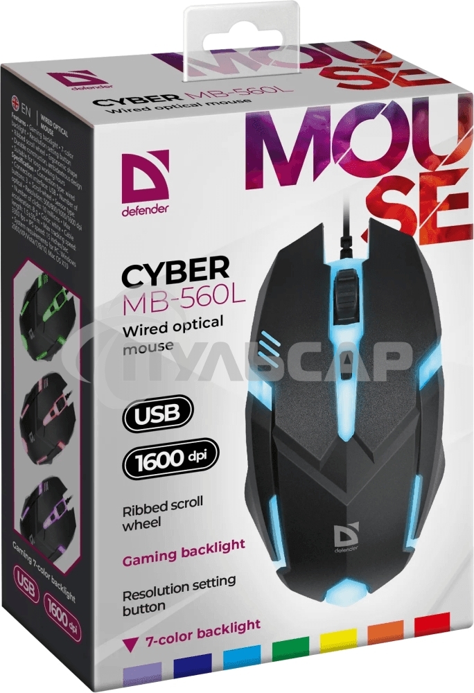Мышь проводная Defender Cyber MB-560L черный, 1200 dpi, USB, кнопки - 3