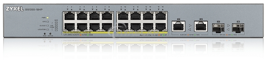 Коммутатор Zyxel GS1350-18HP, 16xGE PoE+, 2xCombo (SFP/RJ-45), бюджет PoE 250 Вт, дальность передачи питания до 250 м, автоперезагрузка PoE-портов, повышенная защита от перенапряжений и электростатических разряд