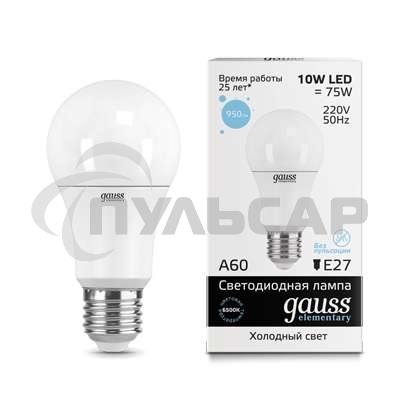 Лампа светодиодная LED Gauss Elementary A60 10Вт E27 6500К