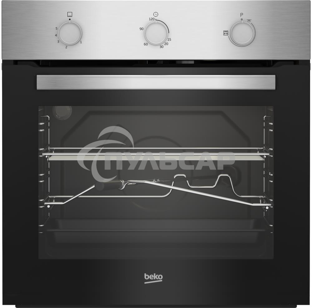 Газовый духовой шкаф Beko BBIGT21100X с откидным электрическим грилем; автоматический электроподжиг; поворотные переключатели; металлические направляющие; объем - 72л; 3 стекла дверцы; 1 решетка; 1 противень; вертел. Цвет нержавеющая сталь; Материал панел