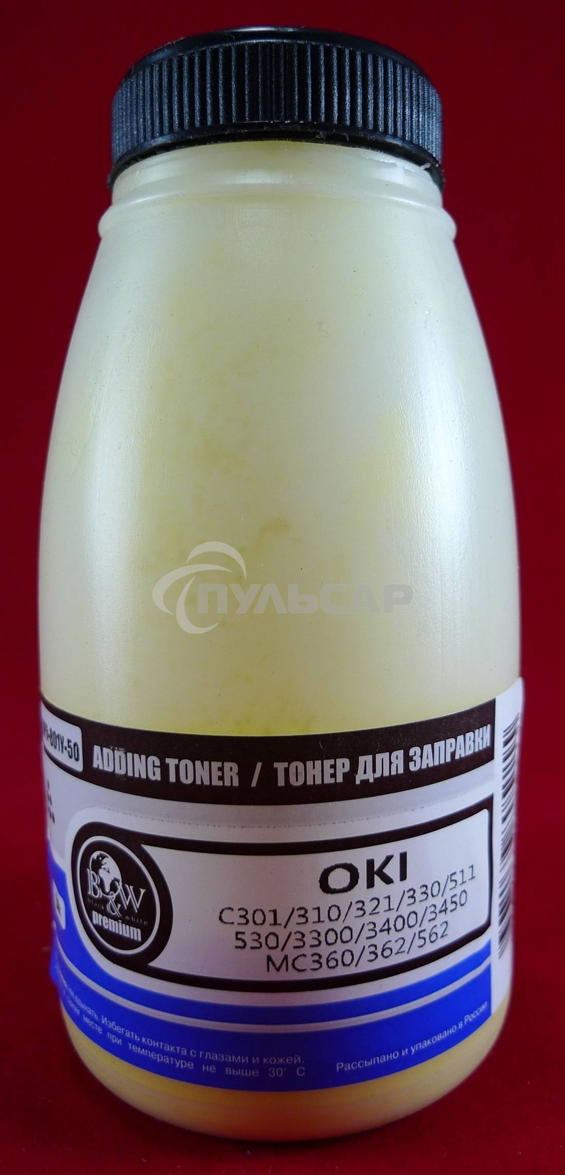 Тонер OKI C301/C321/C310/C330/C331/C510/C511/C530/C531/C3300/C3400/C3450/C3520/C3530/C3600/C5600/C5700/MC350/MC351/MC352/MC360/MC361/MC362/MC561/MC562 Yellow (фл., 50г) B&W Premium (Tomoegawa) - фас.России