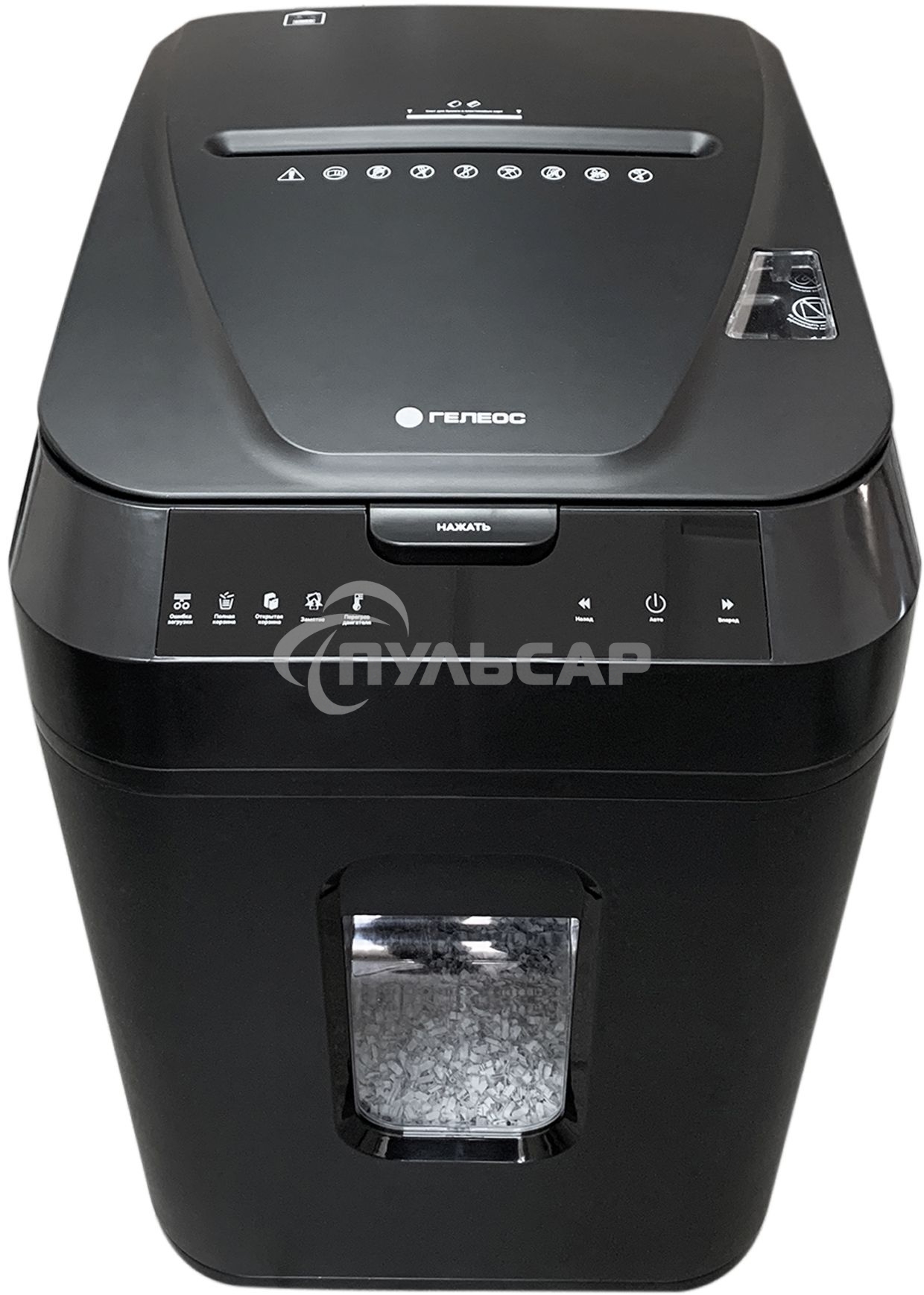 Шредер ГЕЛЕОС АП40-4, DIN P-4 (4 ур-нь секр.), фрагмент 3,9х12мм, АВТОПОДАЧА 170 лист (70г/м2), пл.карты/скрепки/скобы, 37 литров