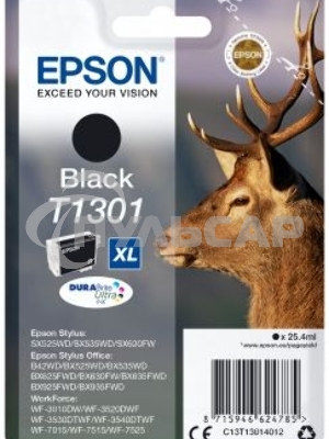 Картридж струйный Epson T1301 (C13T13014012/C13T13014010) черный, 25.4 мл, для SX520WD/SX620FW/BX525WD/BX625FWD