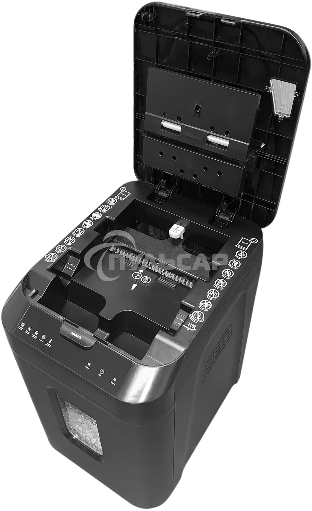 Шредер ГЕЛЕОС АП40-4, DIN P-4 (4 ур-нь секр.), фрагмент 3,9х12мм, АВТОПОДАЧА 170 лист (70г/м2), пл.карты/скрепки/скобы, 37 литров