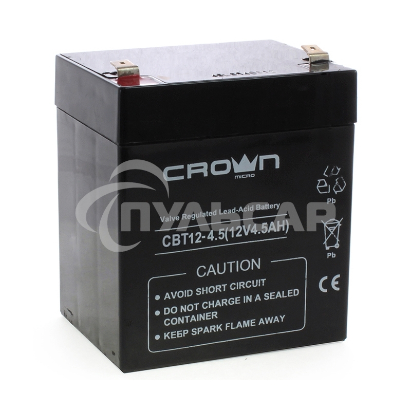 Батарея CROWN CBT-12-4.5, напряжение 12В, емкость4,5 А/Ч, размеры (мм)90х70х101, вес 1,48 кг, тип клеммы - F2, тип АКБ - свинцово кислотная с загущеным электролитом в гель, срок службы 6 лет