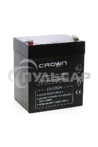 Батарея CROWN CBT-12-4.5, напряжение 12В, емкость4,5 А/Ч, размеры (мм)90х70х101, вес 1,48 кг, тип клеммы - F2, тип АКБ - свинцово кислотная с загущеным электролитом в гель, срок службы 6 лет