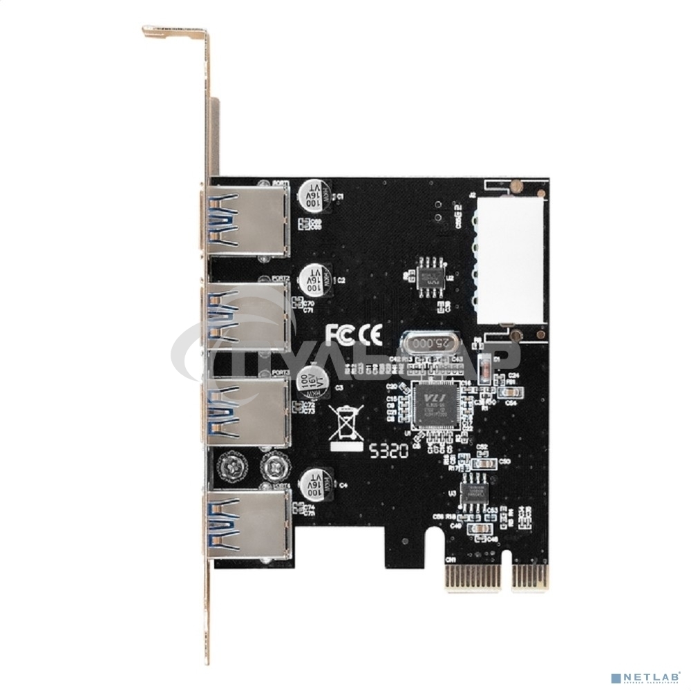 Контроллер ExeGate EXE-314 v2.0 (PCI-E x1 v2.0, 4*USB 3.0 ext., разъем доп.питания Molex, VIA Labs Chipset VL805)