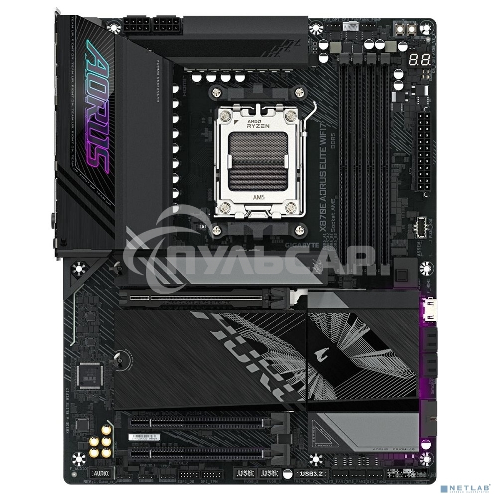 Материнская плата Gigabyte X870E AORUS ELITE WIFI7, AM5, AMD X870E, 4xDDR5, 4xSATA, 4xM.2, 1xPCI-E 5.0 x16, 1xPCI-E 4.0 x4, 1xPCI-E 3.0 x4, 1xHDMI, 1x 2.5Gb LAN, 4xUSB-A 3.2 Gen 1, 2xUSB-A 3.2 Gen 2, 4xUSB-A 2.0, 2xUSB-C 4.0, 2x3.5 мм, 7.1, ATX