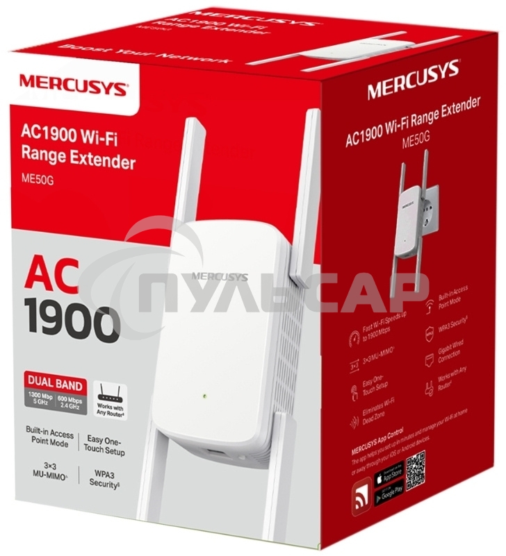 Роутер AC1900 Wi-Fi Range ExtenderSPEED: 600 Mbps at 2.4 GHz + 1300 Mbps at 5 GHz SPEC:4× Fixed External Antennas, 1× Gigabit Port, Wall PluggedFEATURE: MERCUSYS APP, WPS/Reset Button, Signal Indicator, Range Extender/Access Point mode, Adaptive Path