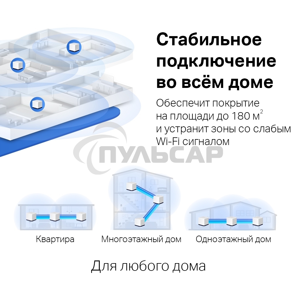 Система Mercusys MESH AC1900 Whole Home Mesh Wi-Fi System, 3× Internal Antennas, 3×Gb ports (WAN/LAN) (2-pack)