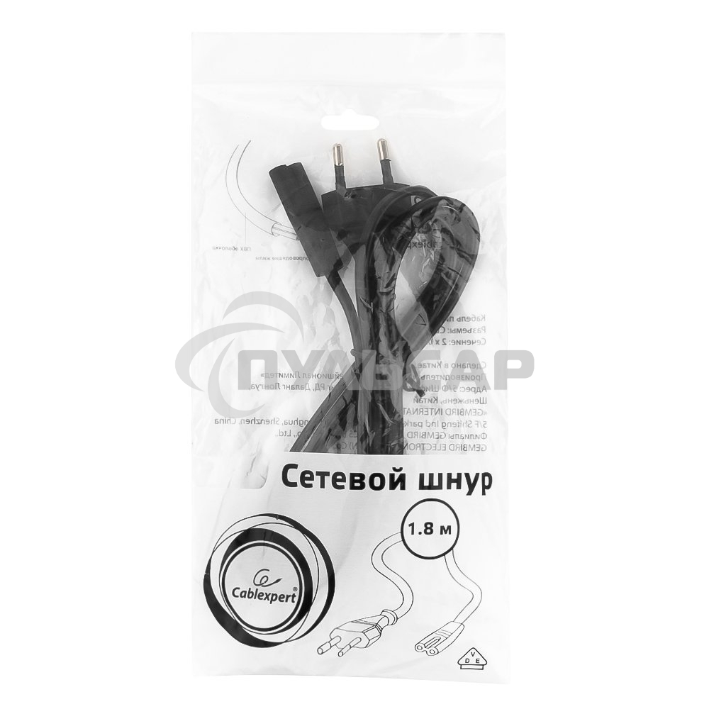 Кабель питания для ноутбуков, аудио/видео техники Gembird PC-184-VDE-1.8М, 1,8м, VDE, 2-pin, черный, пакет