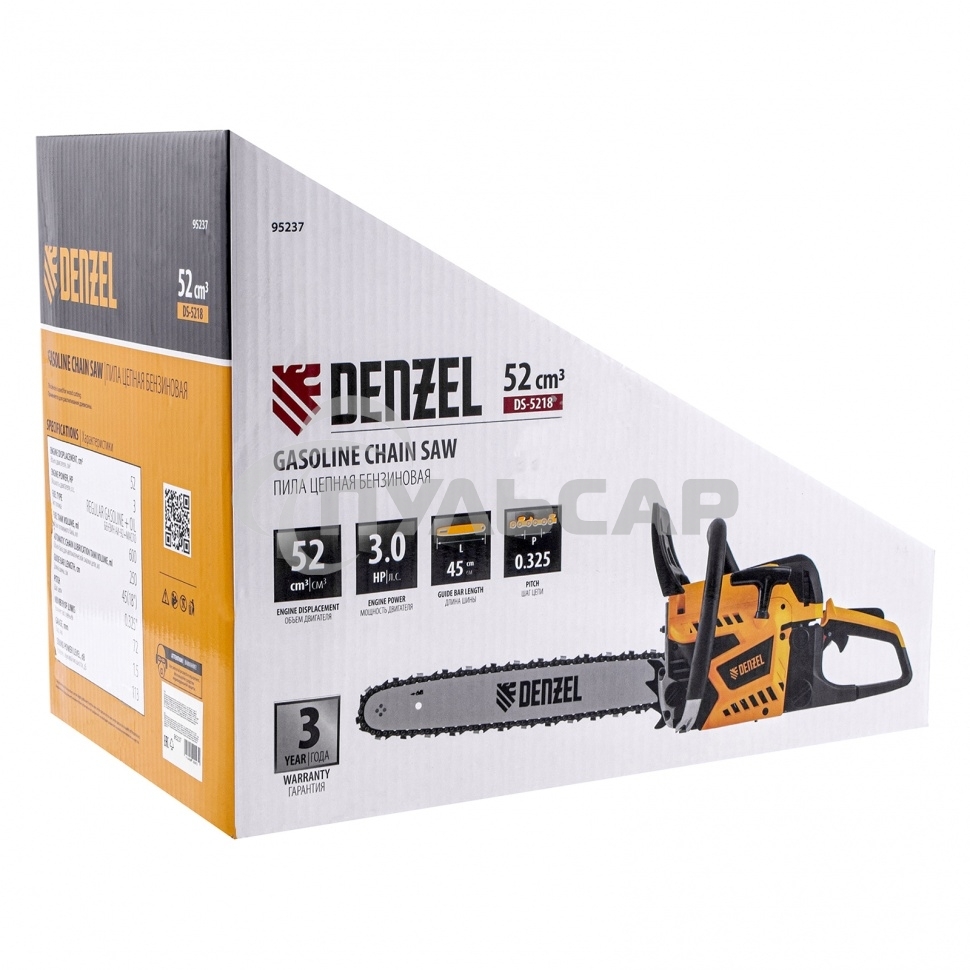 Пила цепная бензиновая DS-5218, шина 45 см, 52см3, 3 л.с., шаг 0,325, паз 1,5 мм, 72 зв Denzel