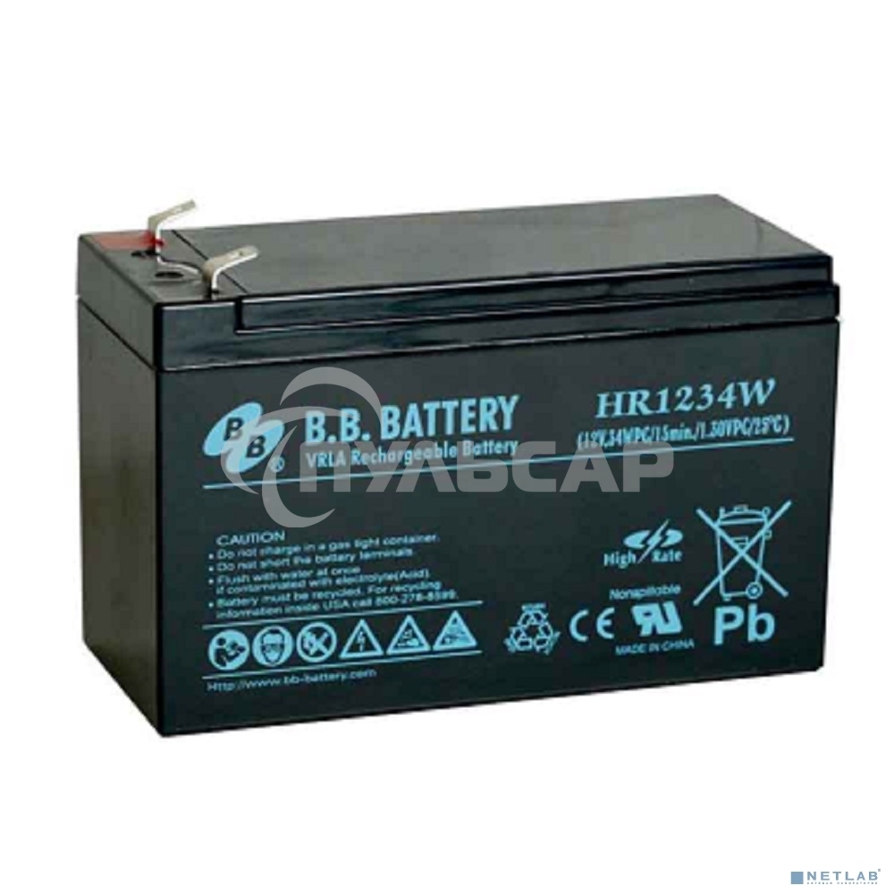 Батарея B.B. Battery серия HR, HR1234W, напряжение 12В, емкость 9А·ч (разряд 20 часов), емкость 7А·ч (разряд 10 часов), макс. ток разряда (5 сек.) 105А, макс. ток заряда 2.1A, свинцово-кислотная типа AGM, клеммы Т2, ДxШxВ 151x65x100мм., вес 2.5кг., срок с