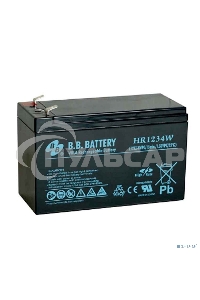 Батарея B.B. Battery серия HR, HR1234W, напряжение 12В, емкость 9А·ч (разряд 20 часов), емкость 7А·ч (разряд 10 часов), макс. ток разряда (5 сек.) 105А, макс. ток заряда 2.1A, свинцово-кислотная типа AGM, клеммы Т2, ДxШxВ 151x65x100мм., вес 2.5кг., срок с