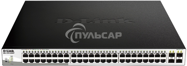 Настраиваемый коммутатор D-Link DGS-1210-52MPP/E2A PROJ WebSmart с 48 портами 10/100/1000Base-T и 4 портами 1000Base-X SFP (порты 1-48 с поддержкой PoE 802.3af/802.3at (30 Вт), PoE-бюджет 740 Вт)