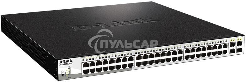Настраиваемый коммутатор D-Link DGS-1210-52MPP/E2A PROJ WebSmart с 48 портами 10/100/1000Base-T и 4 портами 1000Base-X SFP (порты 1-48 с поддержкой PoE 802.3af/802.3at (30 Вт), PoE-бюджет 740 Вт)