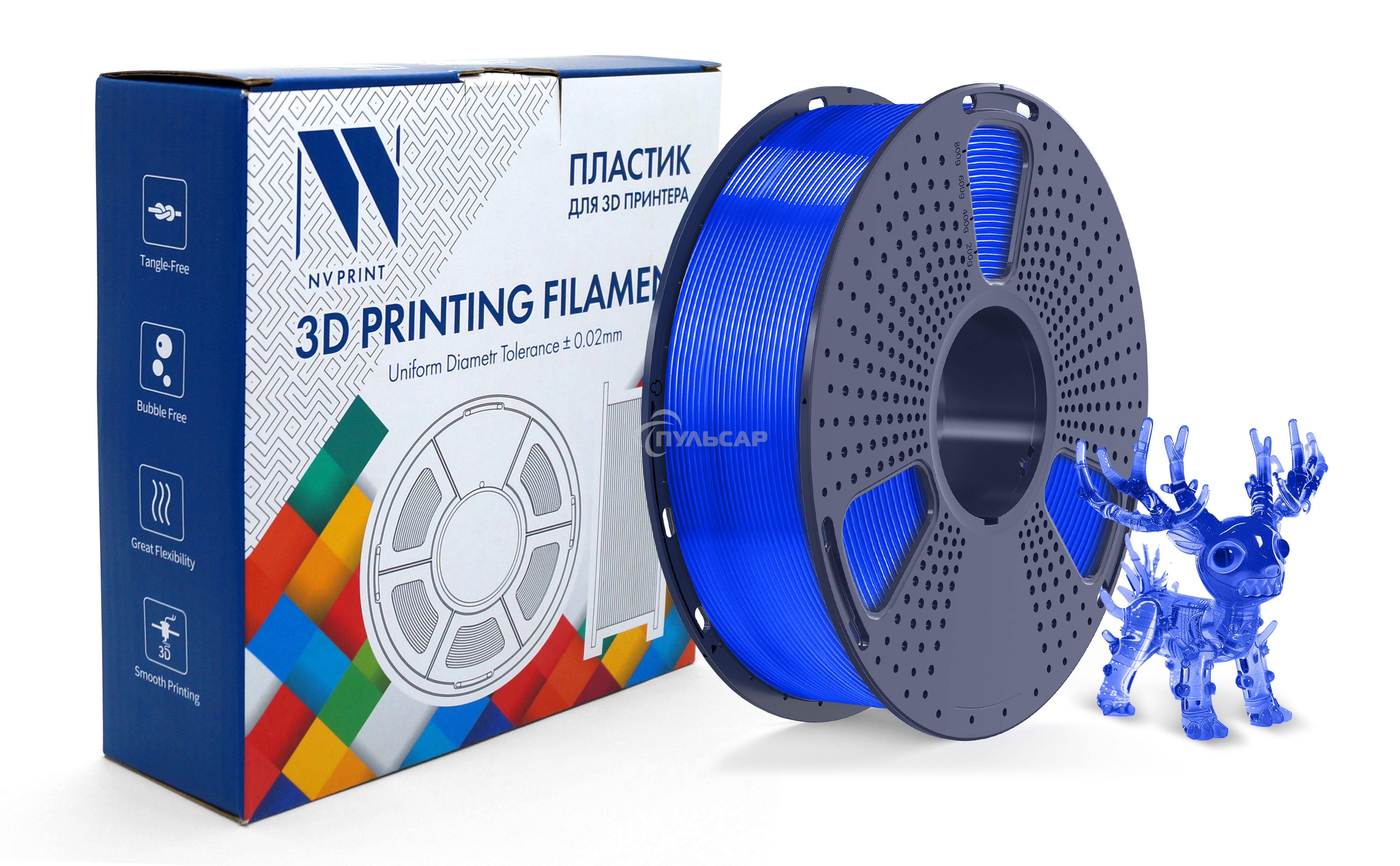 Филамент NVPRINT PLA+ Trasparent Blue для 3D печати диаметр 1.75мм длина 330 метров масса 1 кг