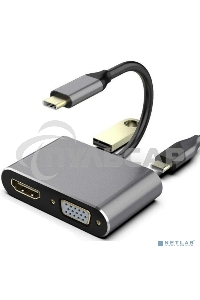 Кабель-концентратор USB3.1 TypeCm -->HDMI+USB3.0+PD+VGA Alum Grey 4K@30Hz, Telecom<TUC055>