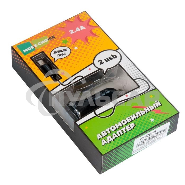 Автомобильная зарядка (от прикуривателя) 2USB 2.4A для Type-C More choice AC22a черный