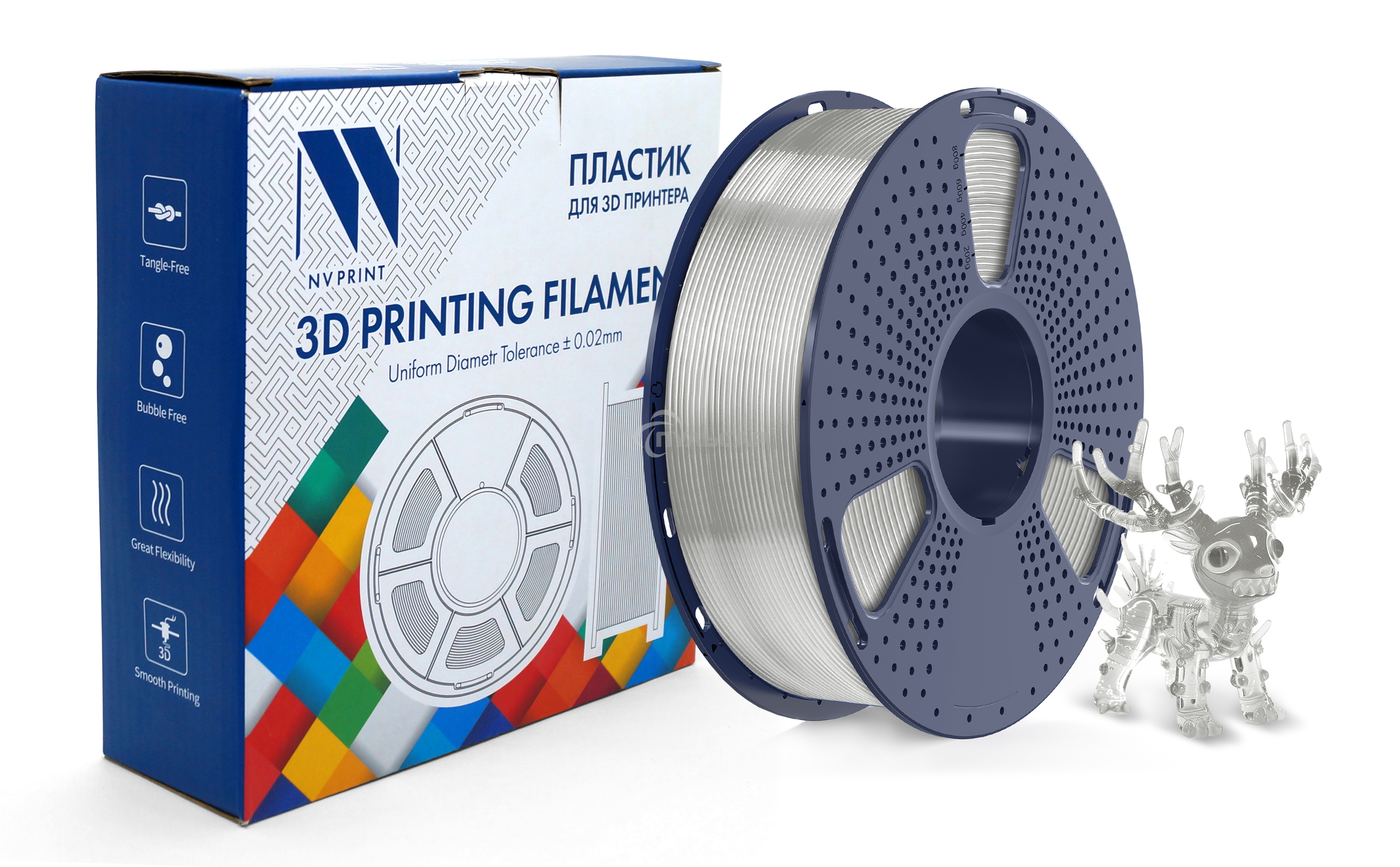 Филамент NVPRINT PLA+ Trasparent White для 3D печати диаметр 1.75мм длина 330 метров масса 1 кг