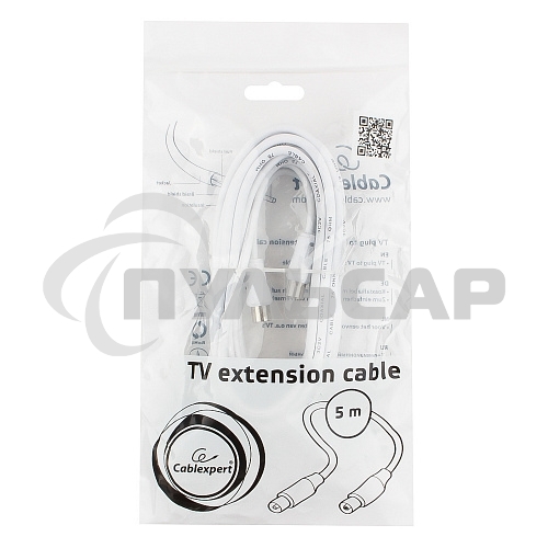 Кабель телевизионный Cablexpert, CCV-515-W-5M, Coaxial M/F, белый, 5м