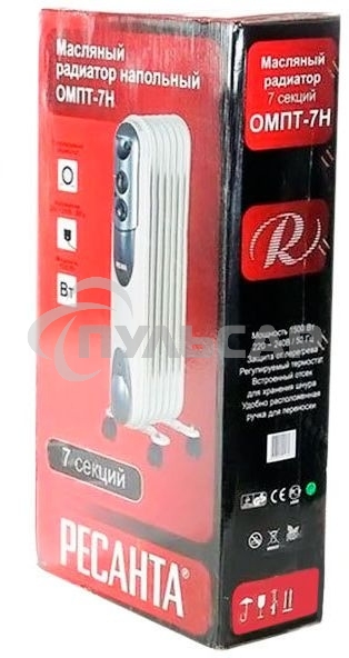 Обогреватель масляный Ресанта ОМПТ-7Н (7 секций) белый, 1500 Вт, 15 м2, термостат 67/3/3