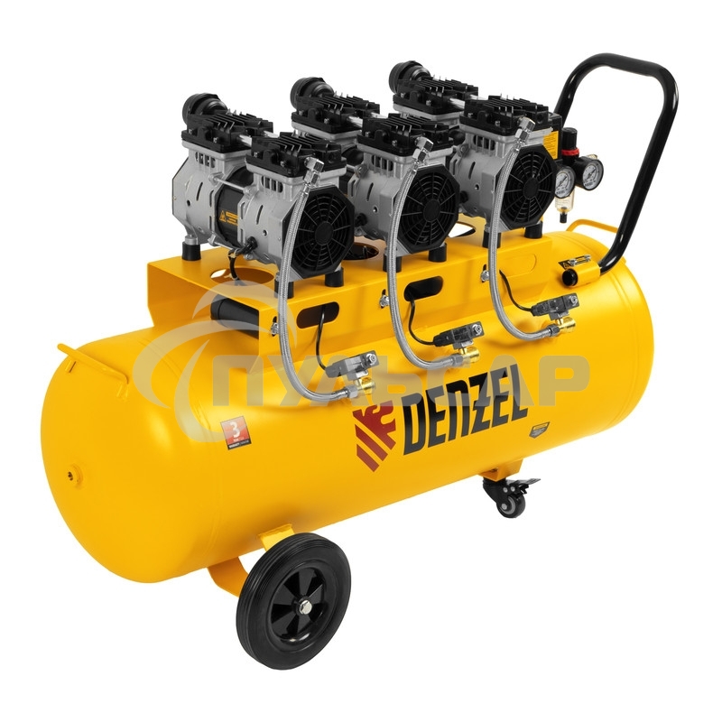 Компрессор безмаслянный малошумный DLS 1800/100,1800 Вт, 3х600, 100 л, 345 л/мин Denzel