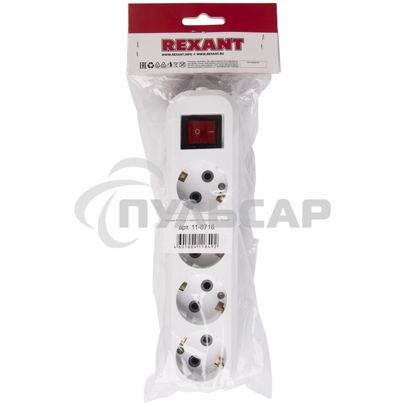 Колодка 4 гнезда с кнопкой c заземлением Rexant