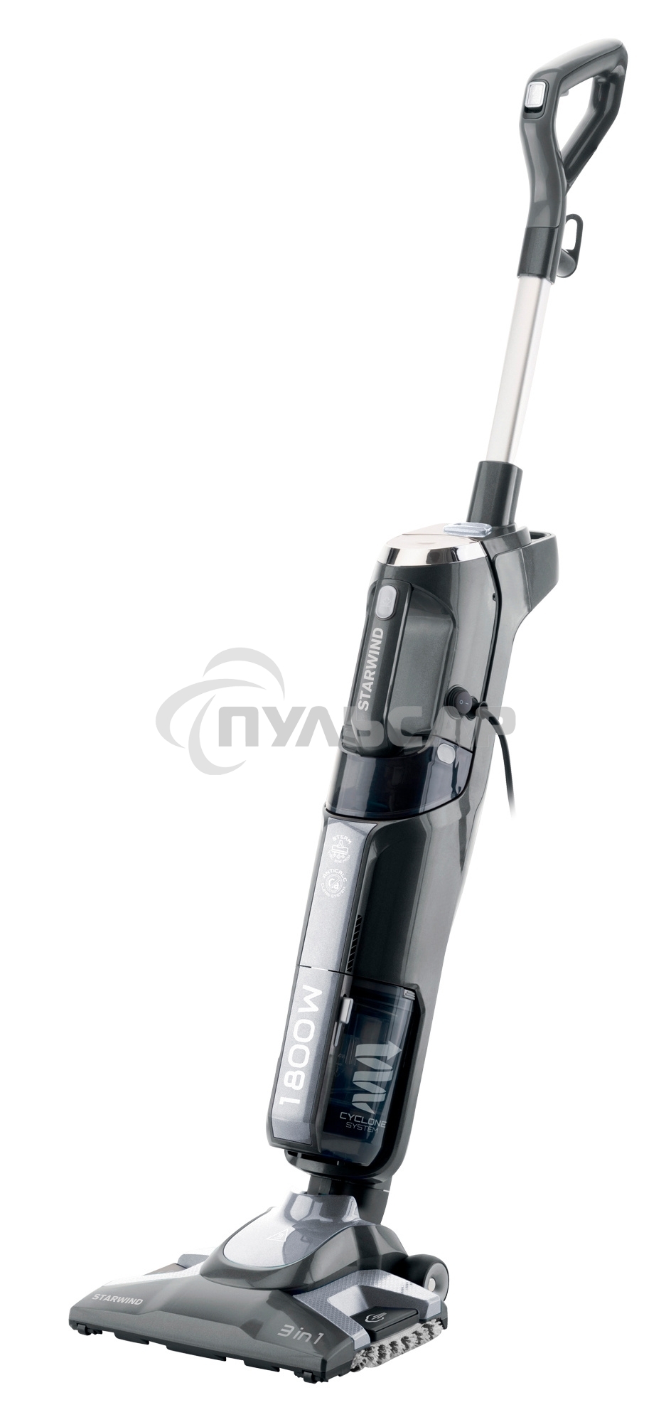 Пылесос паровой вертикальный Starwind SSV9555 темно-серый/серебристый, питание от сети, 120 Вт, уборка сухая/паром, пылесборник 0.5 л