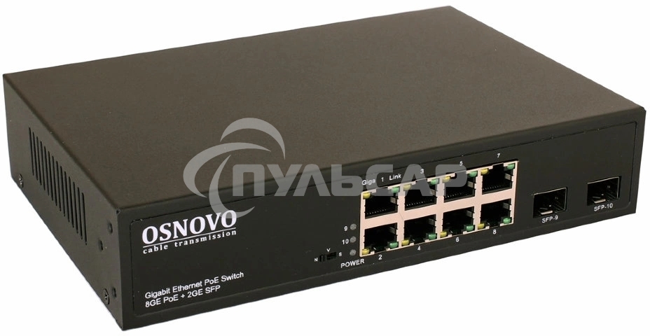 Коммутатор OSNOVO Гигабитный PoE коммутатор на 10 портов, 8 *10/100/1000 Base-T PoE, 2*SFP 1000 Base-T, PoE на порт до 30W, суммарно до 150W