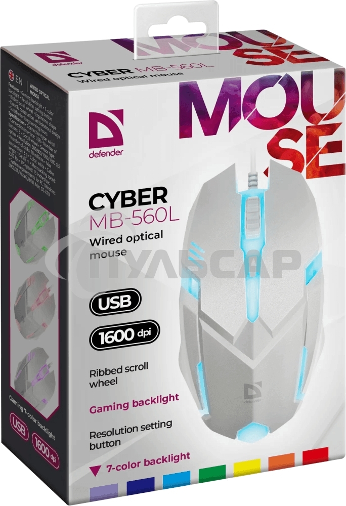 Мышь проводная Defender Cyber MB-560L белый, 1200 dpi, USB, кнопки - 3