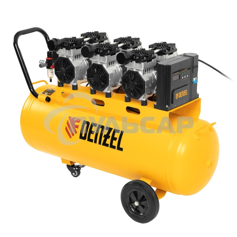 Компрессор безмаслянный малошумный DLS 2250/100, 2250 Вт, 3х750, 100 л, 410 л/мин блок упр Denzel