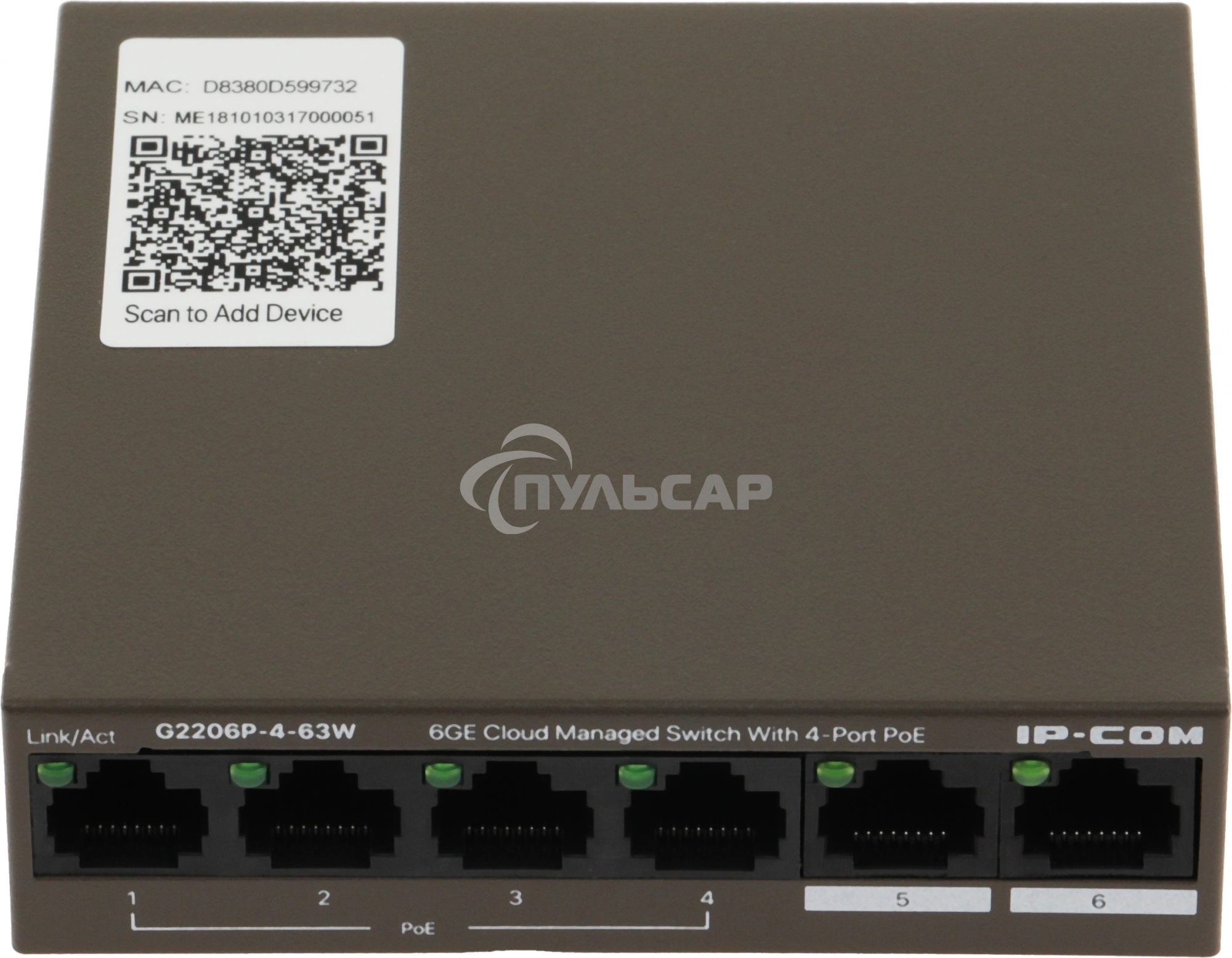 Сетевой коммутатор IP-COM G2206P-4-63W 4x10Base-T / 100Base-TX / 1000Base-T 2x1000Base-T PoE порты 4 Количество портов PoE+ 4 G2206P-4-63W