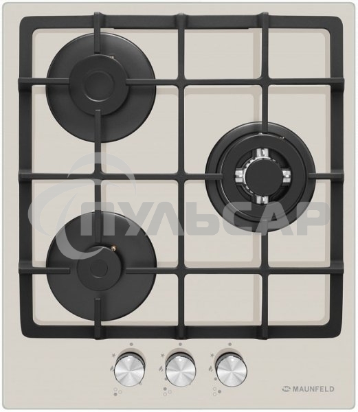 Газовая варочная панель Maunfeld EGHG.43.33CBG/G газ, ширина 45 см, 3 конфорки, WOK, чугунные решетки, газ-контроль, электроподжиг, бежевый