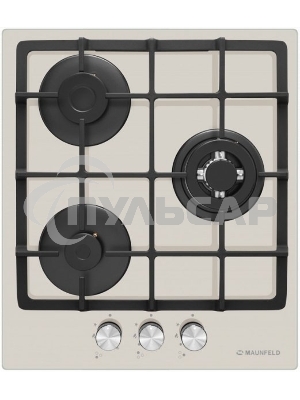 Газовая варочная панель Maunfeld EGHG.43.33CBG/G газ, ширина 45 см, 3 конфорки, WOK, чугунные решетки, газ-контроль, электроподжиг, бежевый
