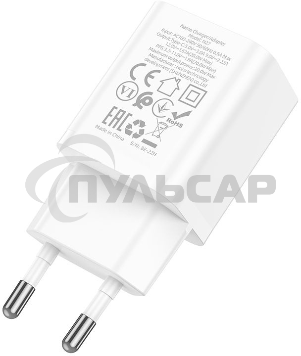 Сетевое зарядное устройство Hoco N27 White 20W 3A+2.22A+1.67A (PD+QC+AFC) USB-C универсальное белый