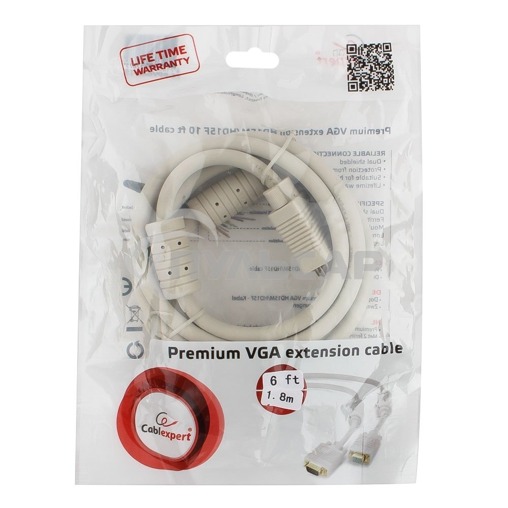 Кабель Gembird CC-PPVGAX-6,Кабель удлинитель VGA Premium,1.8м,15M/15F,тройн. экран,феррит. кольца,пакет