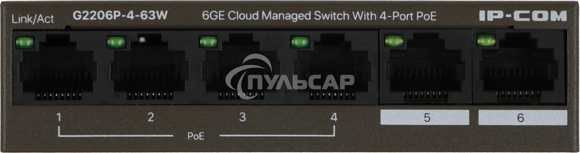 Сетевой коммутатор IP-COM G2206P-4-63W 4x10Base-T / 100Base-TX / 1000Base-T 2x1000Base-T PoE порты 4 Количество портов PoE+ 4 G2206P-4-63W