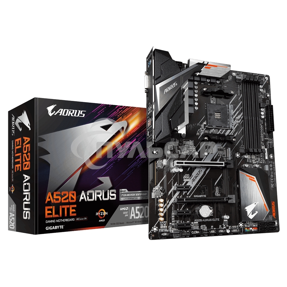 Материнская плата Gigabyte A520 AORUS ELITE, AM4, AMD A520, 4xDDR4, 4xSATA, 1xM.2, 1xPCI-E 3.0 x16, 1xHDMI, 1xDVI-D, 1x 1Gb LAN, 2xUSB 2.0, 4xUSB 3.2 Gen 1, 3x3.5 мм, 7.1, Micro-ATX