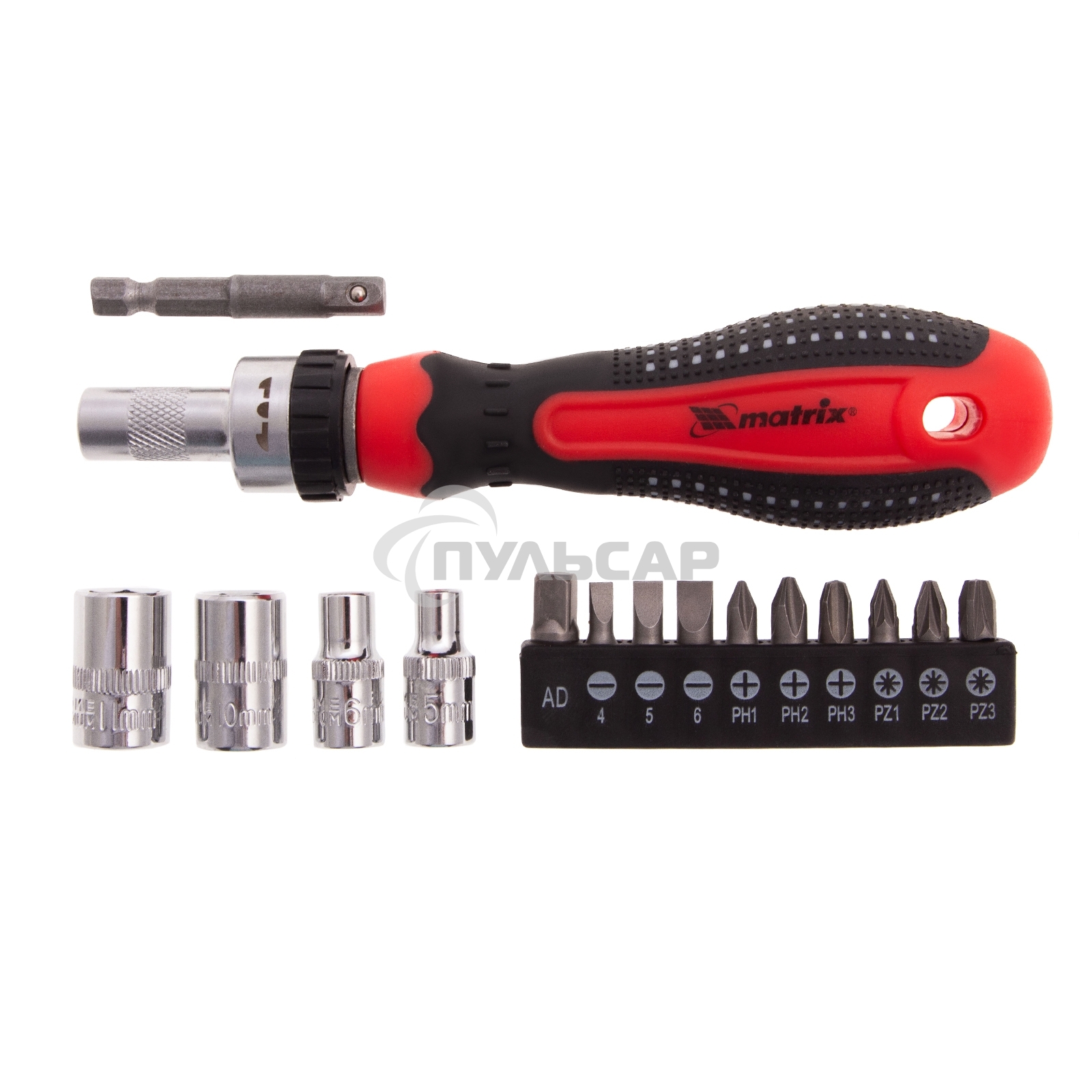 Отвертка реверсивная Matrix с набором бит и насадок торцевых, CrV,1/4