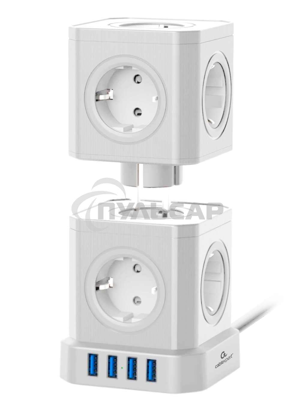 Сетевой фильтр Cablexpert Tower TWR-9-U4-W-2, 9р, 16А, 4хUSB, 3.1А, 2м, ур.защиты 4+, белый, коробка