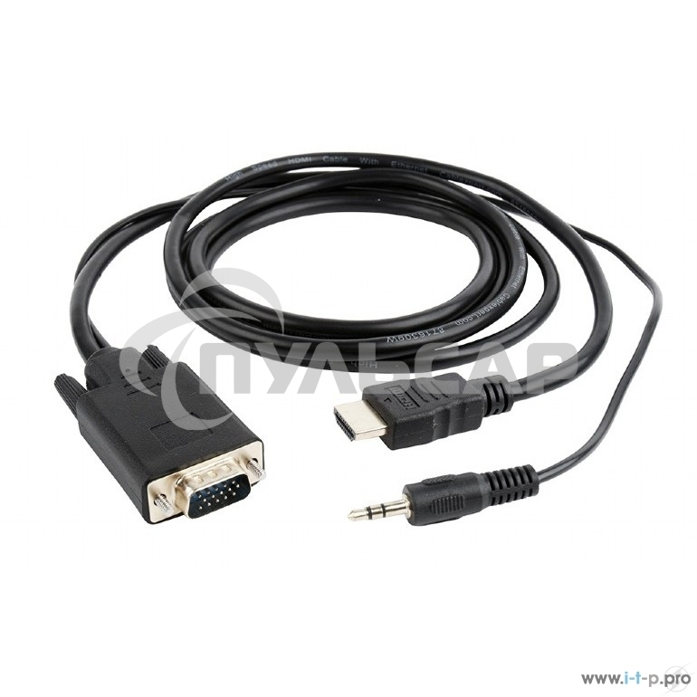 Кабель HDMI->VGA Cablexpert A-HDMI-VGA-03-10, 19M/15M + 3.5Jack, медь, позол.разъемы, 3м, черный, пакет