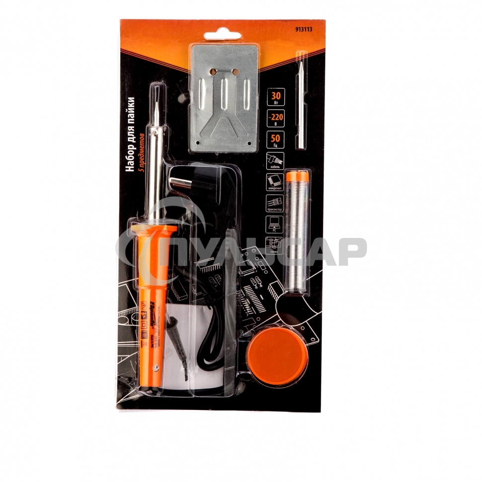 Набор для пайки, 5 пред. (паяльник 30 Вт, подставка, жало, паста, припой) Sparta